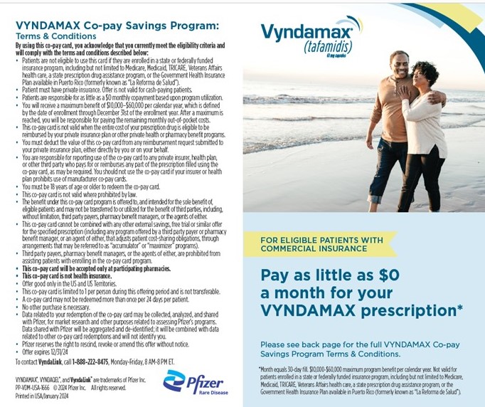 Overview of copay card brochure which provides information on VYNDAMAX (tafamidis) savings