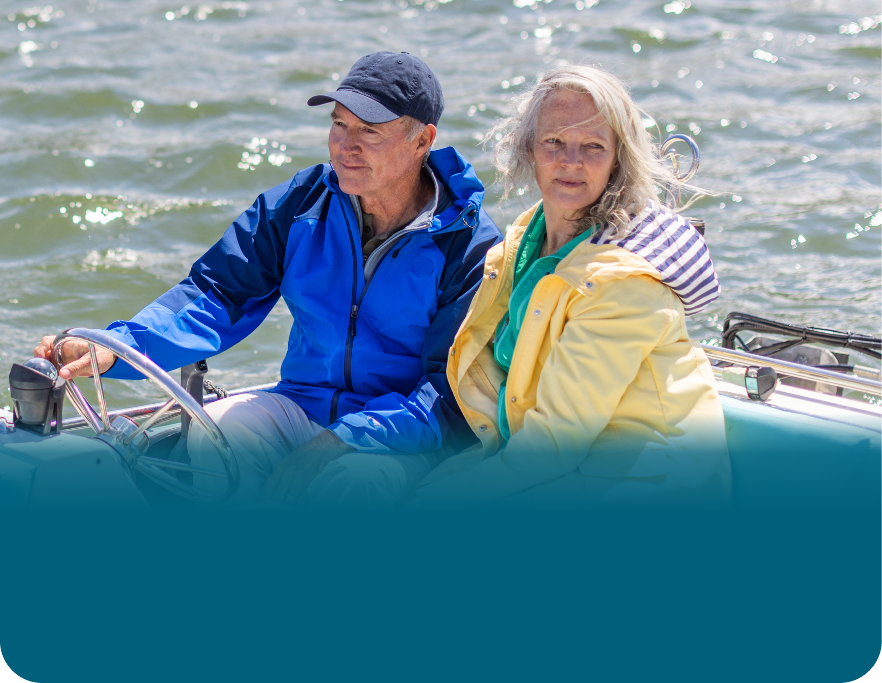 Actor portrayal of an older adult couple on a boat