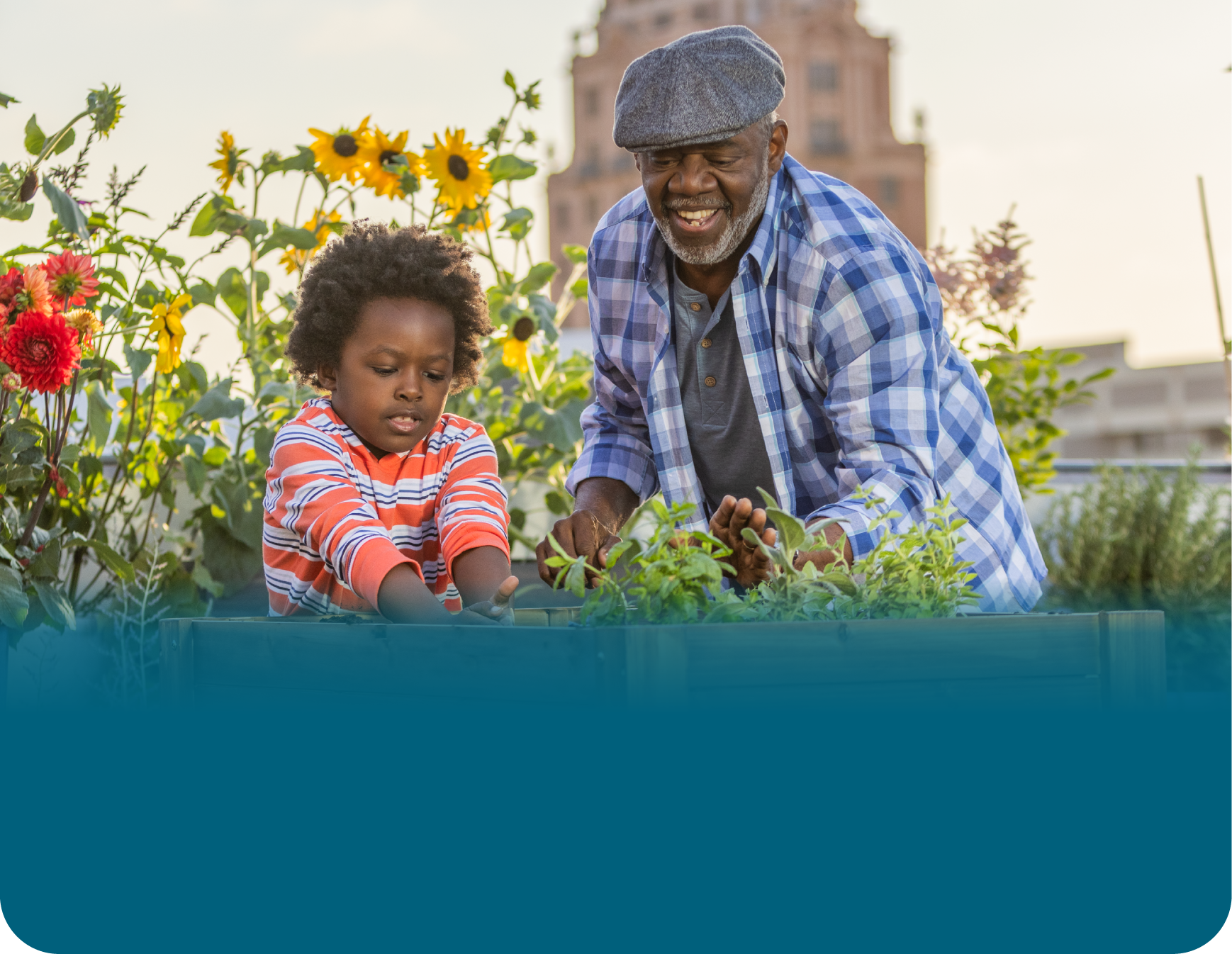 Actor portrayal of a grandfather gardening with his grandchild