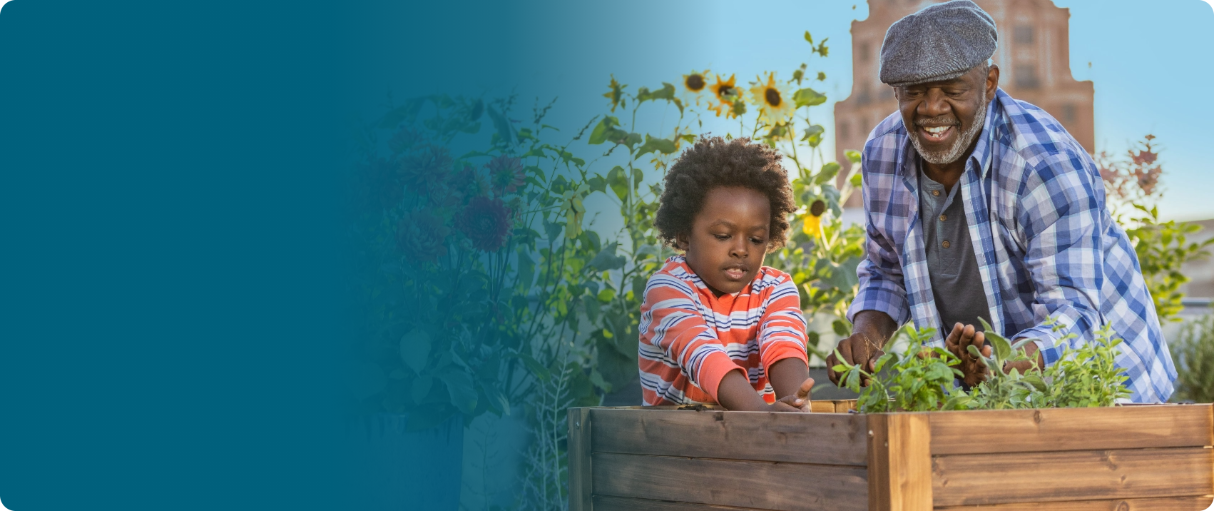 Actor portrayal of a grandfather gardening with his grandchild