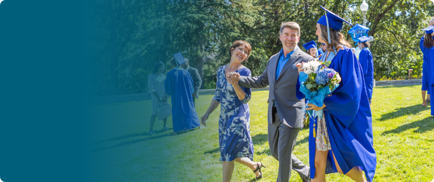 Actor portrayal of a family strolling together at their daughter's graduation